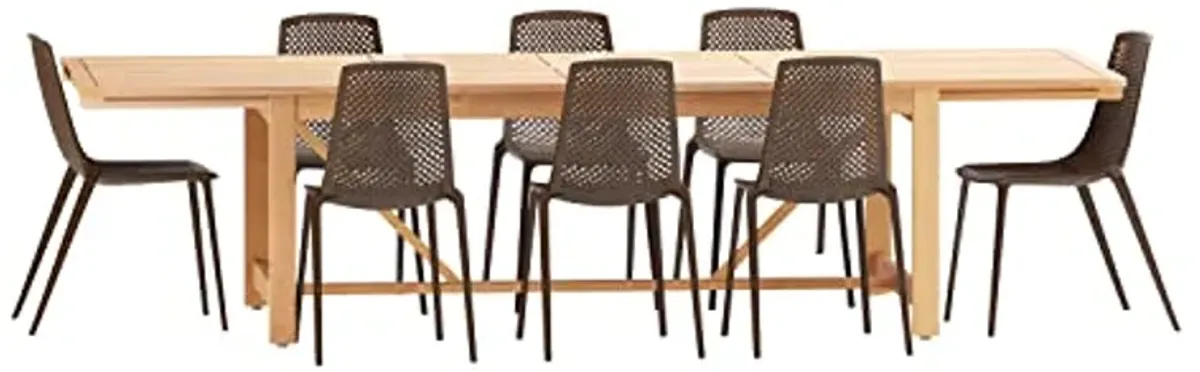 Amazonia 9 Piece Eucalyptus Patio Dining Set | Teak Finish Table with Brown Resin Chairs| Durable and Ideal for Outdoors