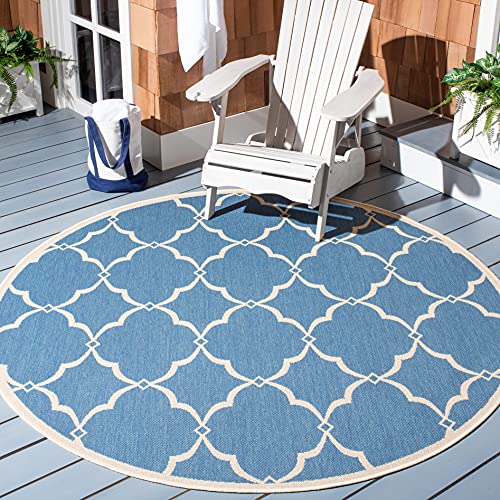 SAFAVIEH Beach House Collection 8' Round Blue/Cream BHS125M Moroccan Trellis Geometric Indoor/ Outside Non-Shedding Easy Patio Backyard Porch Deck Mudroom Area Mat