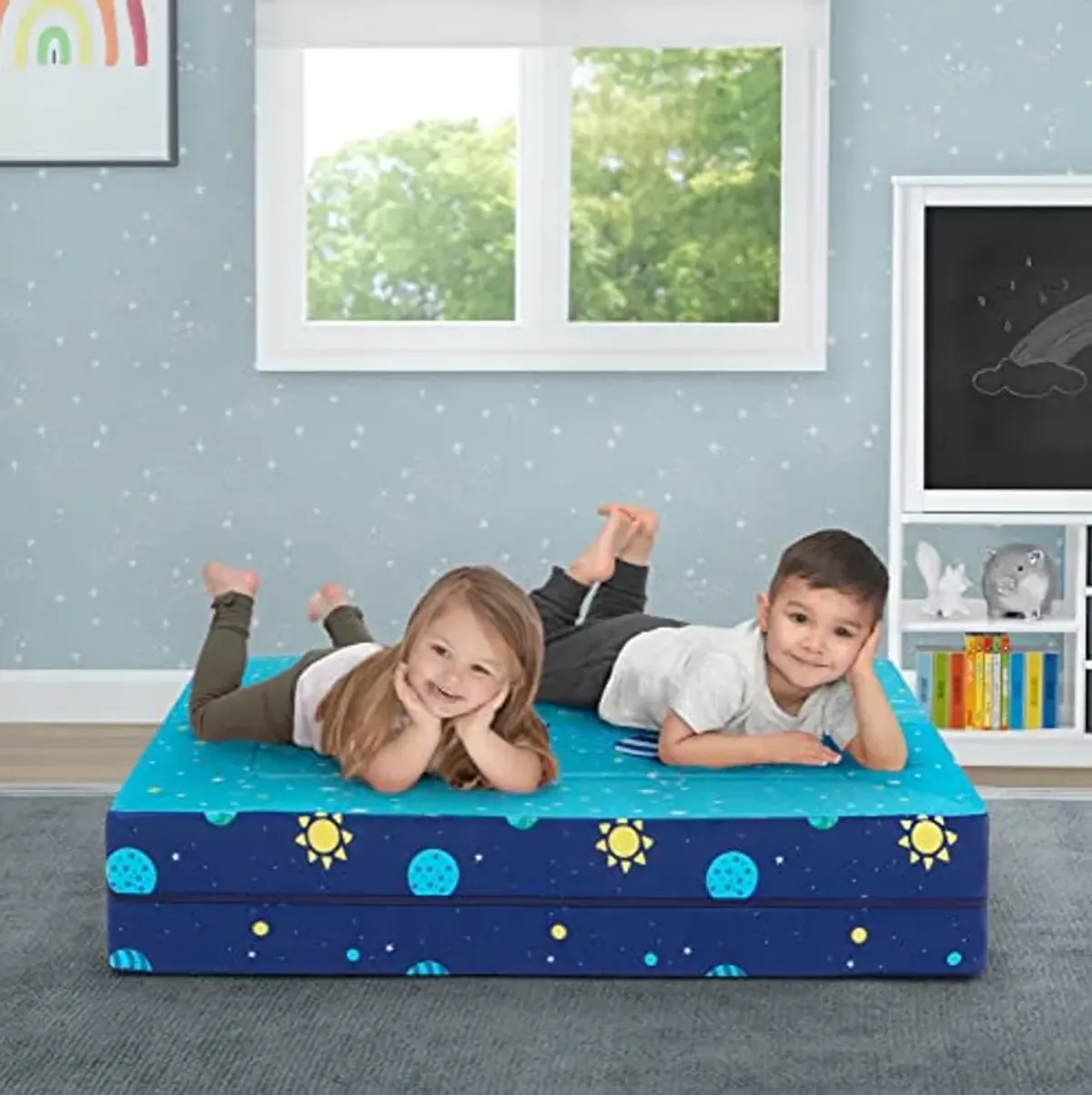 Delta Children Convertible Sofa and Play Set for Kids and Toddlers Modular Foam Couch and Flip Out Lounger with 2 Ottomans, Spaceship