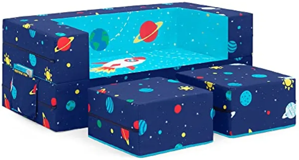 Delta Children Convertible Sofa and Play Set for Kids and Toddlers Modular Foam Couch and Flip Out Lounger with 2 Ottomans, Spaceship