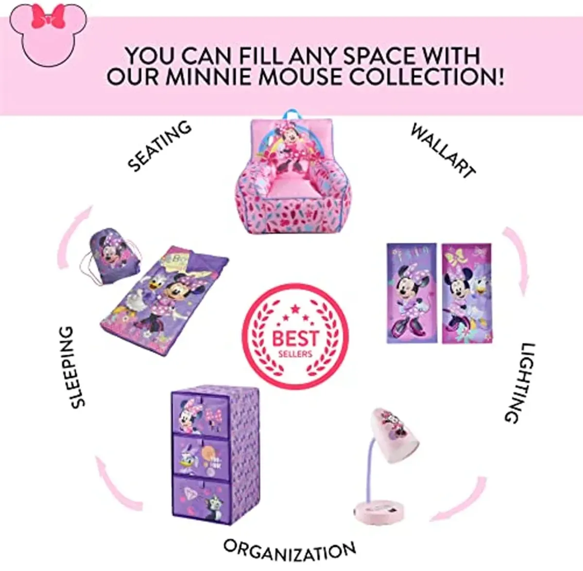 Idea Nuova Disney Minnie Mouse 3 Tier Fabric Storage Organizer with 3 Cubes and Removable Lid