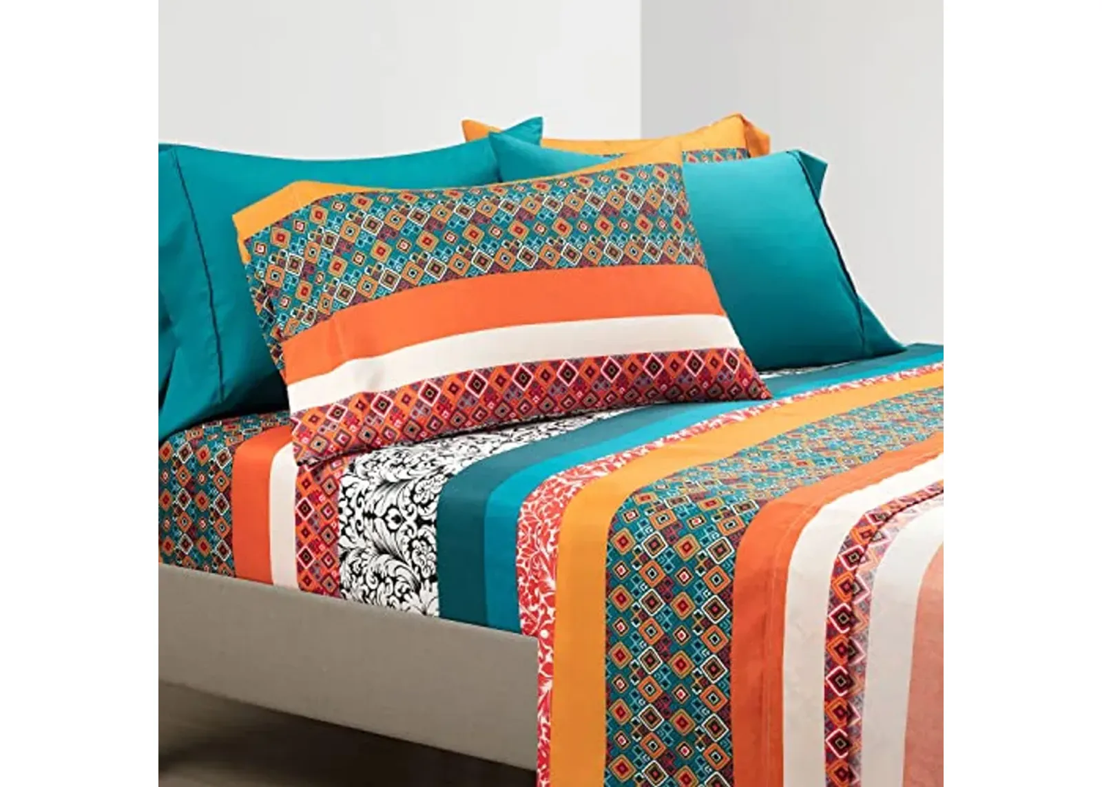 Lush Decor Boho Stripe Soft Sheet 6 Piece Set, Queen, Turquoise & Tangerine