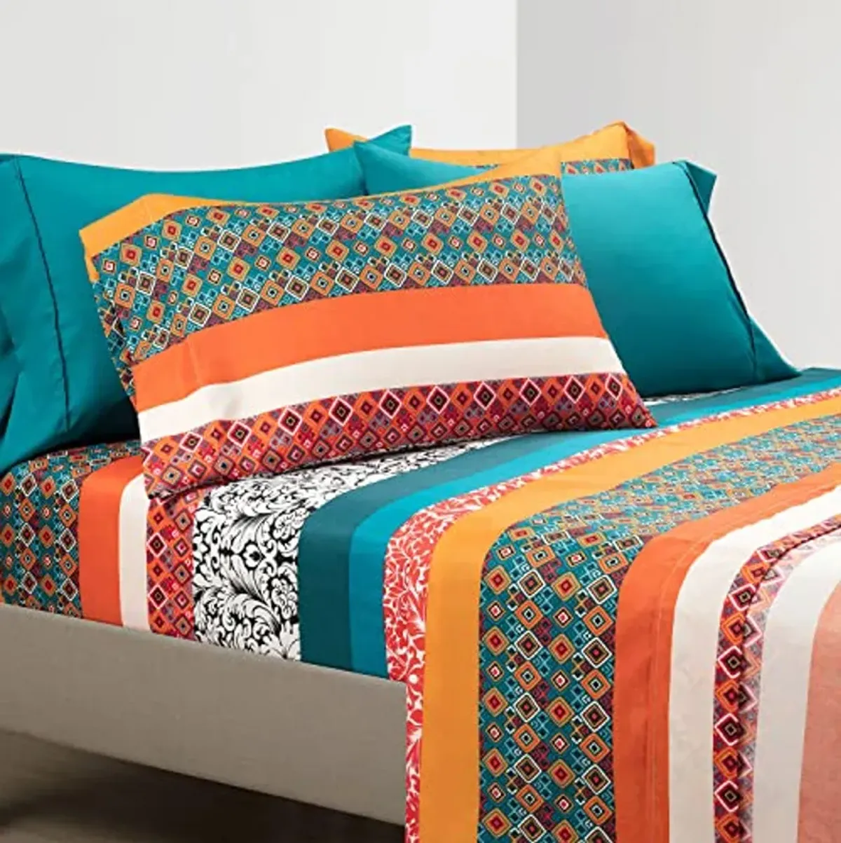 Lush Decor Boho Stripe Soft Sheet 6 Piece Set, Queen, Turquoise & Tangerine