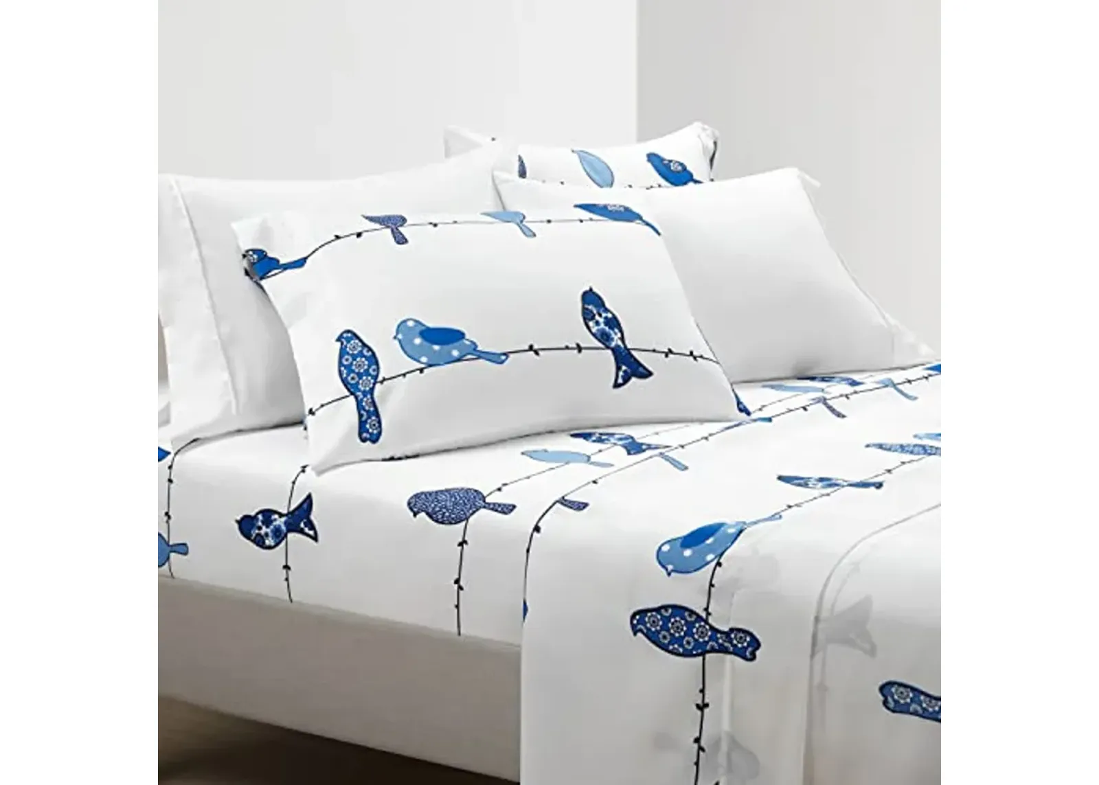 Lush Decor Rowley Birds Soft Sheet Set, 6 Piece Set, Queen, Navy - Colorful Bird Sheets - Navy Blue Sheets - Whimsical & Playful Floral Bird Pattern - Soft , Durable, & Comfortable Printed Bed Sheets