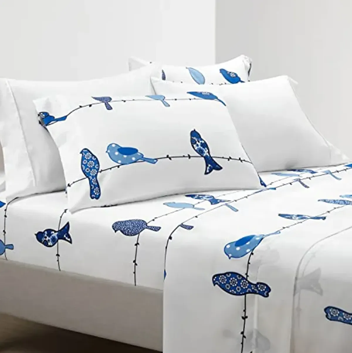 Lush Decor Rowley Birds Soft Sheet Set, 6 Piece Set, Queen, Navy - Colorful Bird Sheets - Navy Blue Sheets - Whimsical & Playful Floral Bird Pattern - Soft , Durable, & Comfortable Printed Bed Sheets