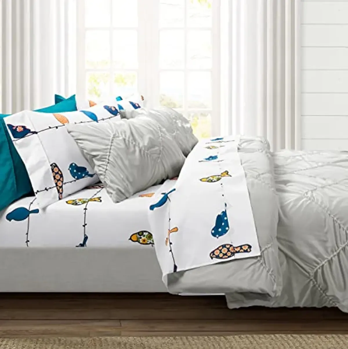 Lush Decor Rowley Birds Soft Sheet Set, 6 Piece Set, Queen, Multi - Colorful Bird Sheets - Whimsical & Playful Floral Bird Pattern - Soft , Durable, & Comfortable Printed Bed Sheets