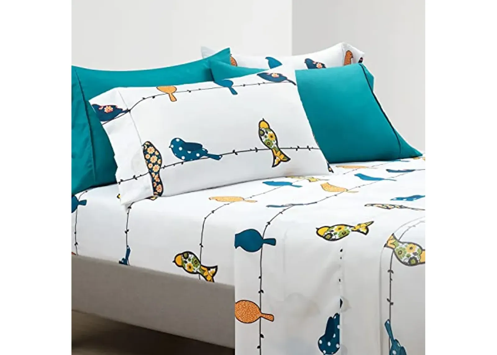 Lush Decor Rowley Birds Soft Sheet Set, 6 Piece Set, Queen, Multi - Colorful Bird Sheets - Whimsical & Playful Floral Bird Pattern - Soft , Durable, & Comfortable Printed Bed Sheets