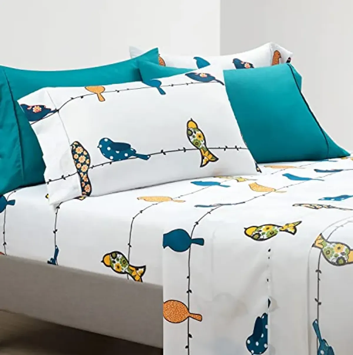 Lush Decor Rowley Birds Soft Sheet Set, 6 Piece Set, Queen, Multi - Colorful Bird Sheets - Whimsical & Playful Floral Bird Pattern - Soft , Durable, & Comfortable Printed Bed Sheets