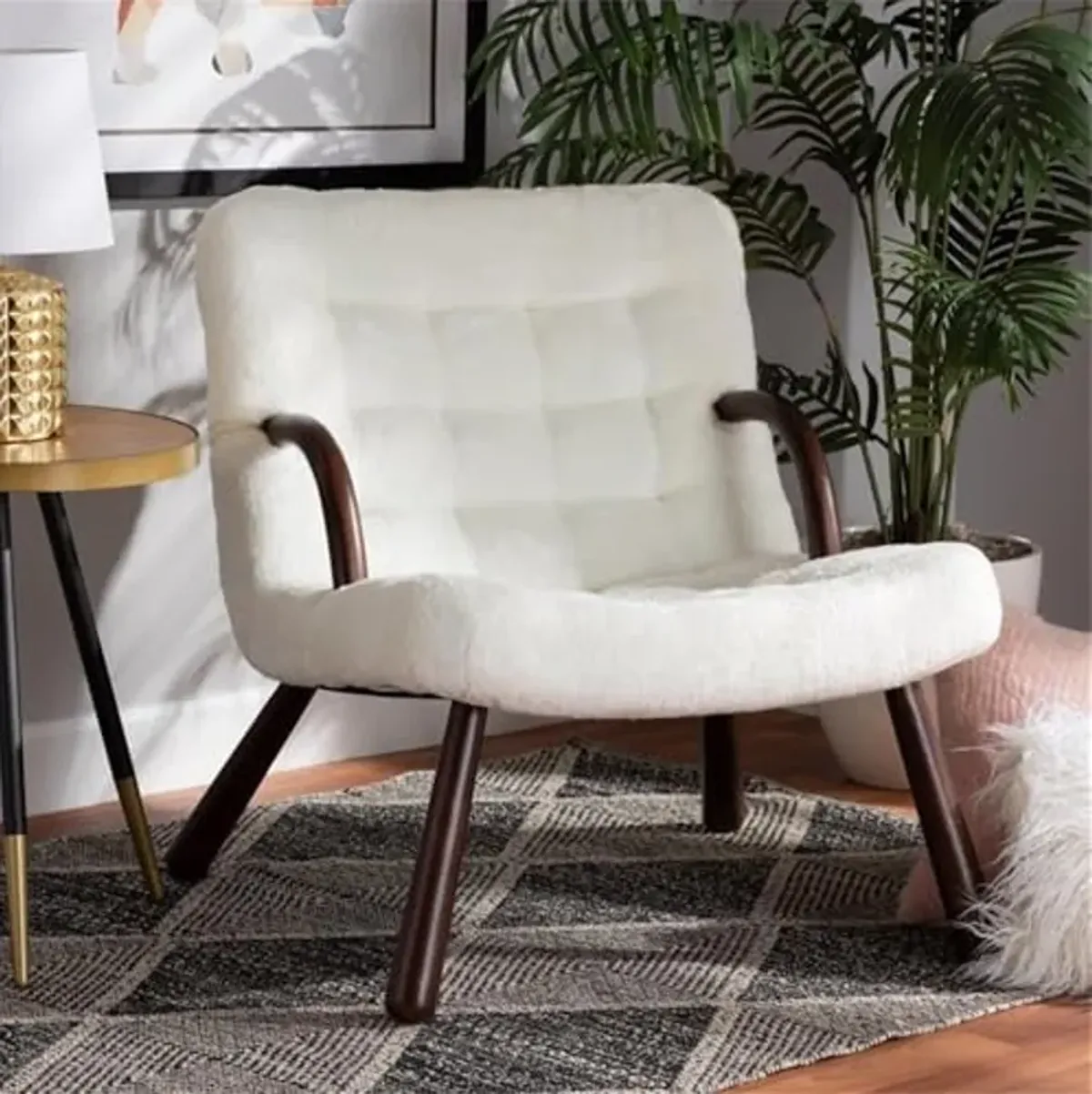 Baxton Studio Eisa Modern and Contemporary White Sherpa Upholstered and Walnut Brown Finished Wood Accent Chair