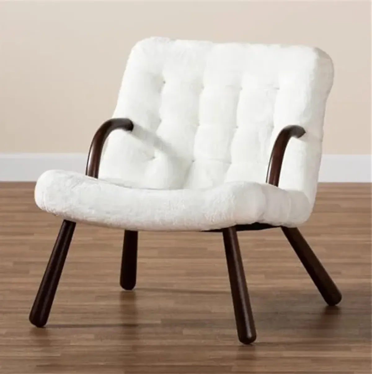 Baxton Studio Eisa Modern and Contemporary White Sherpa Upholstered and Walnut Brown Finished Wood Accent Chair