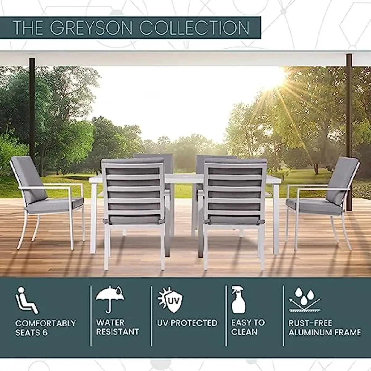 Mod Furniture Greyson 7-Piece Outdoor Dining Set, Patio Dining Set for 6 with Aluminum Dining Chairs, Plush Cushions and 72" x 40" Slat Top Table, Rust-Resistant, All-Weather