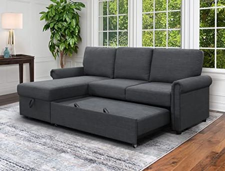 Abbyson Living Fabric Storage Sofa Bed Reversible Sectional, Charcoal Gray