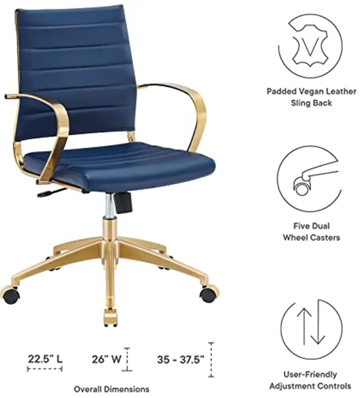 Modway Jive Stainless Steel, Mid Back Office Chair, Gold Navy