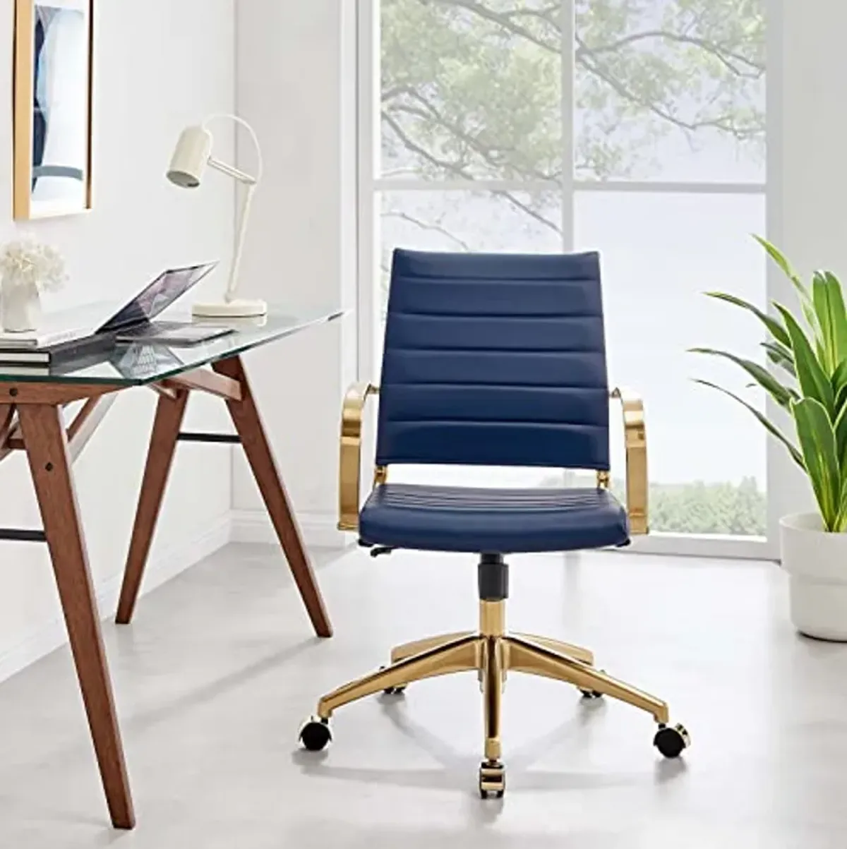 Modway Jive Stainless Steel, Mid Back Office Chair, Gold Navy