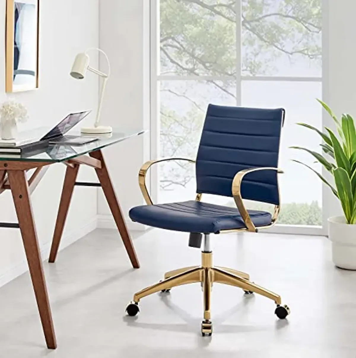 Modway Jive Stainless Steel, Mid Back Office Chair, Gold Navy