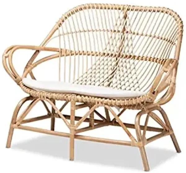 Baxton Studio Jayden Modern Bohemian White Fabric and Brown Rattan Loveseat