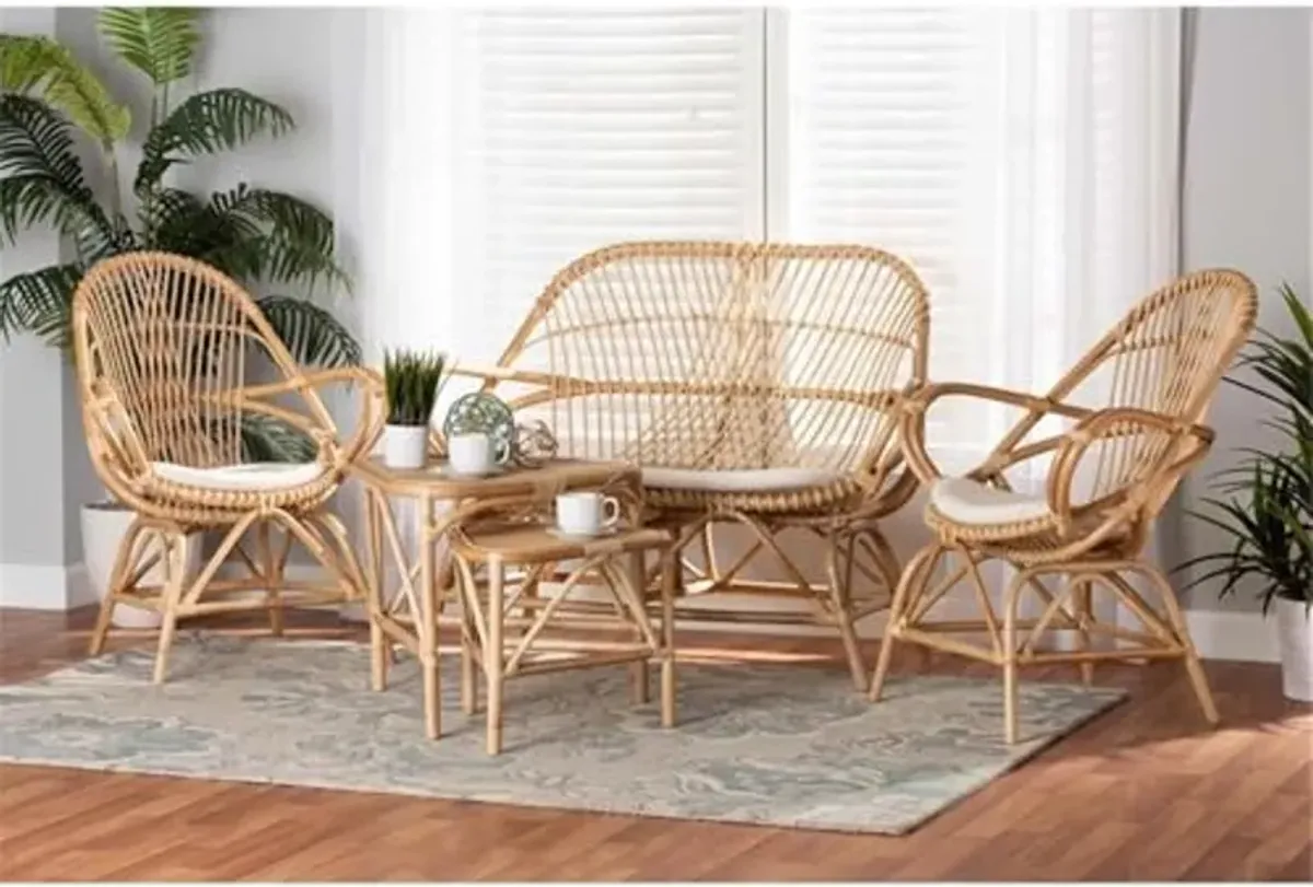 Baxton Studio Jayden Modern Bohemian White Fabric Upholstered and Natural Brown Finished Rattan 5-Piece Living Room Set