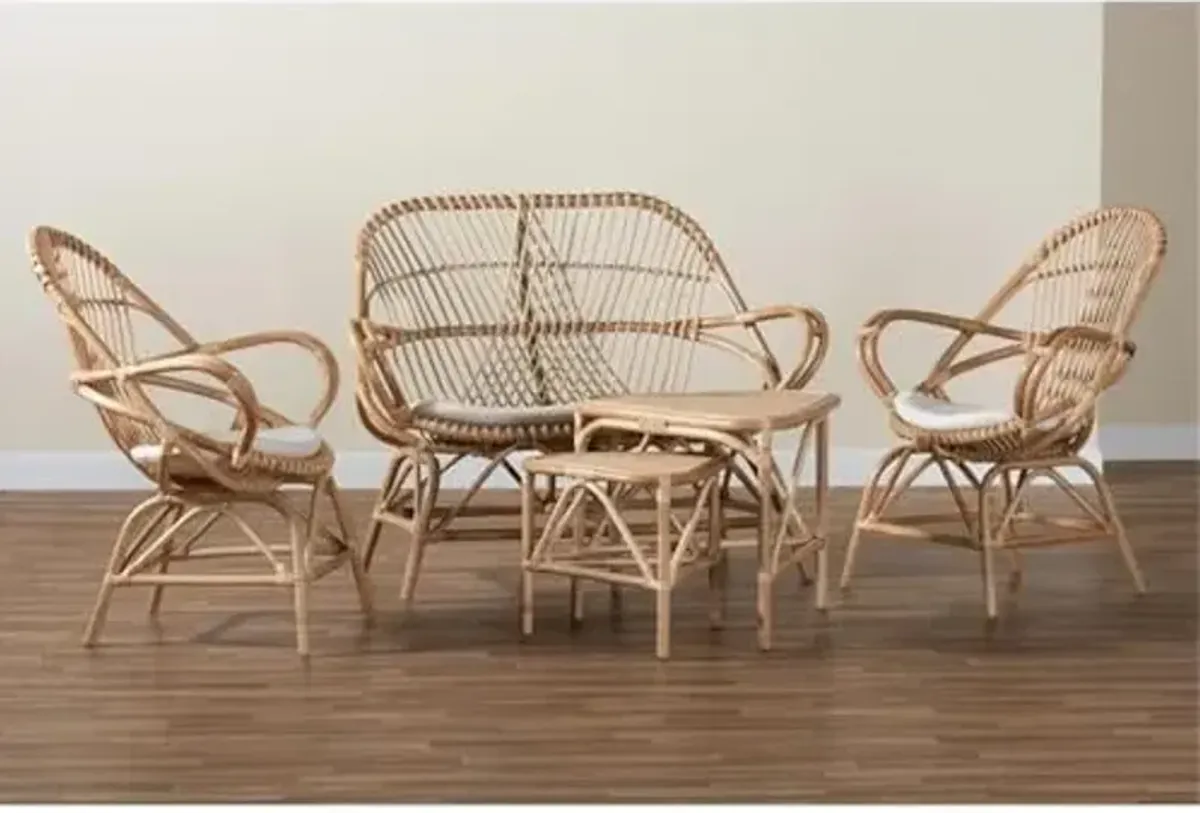 Baxton Studio Jayden Modern White Fabric and Brown Rattan 5-Pc Living Room Set