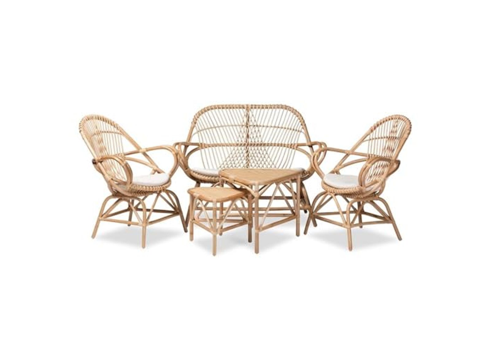 Baxton Studio Jayden Modern Bohemian White Fabric Upholstered and Natural Brown Finished Rattan 5-Piece Living Room Set