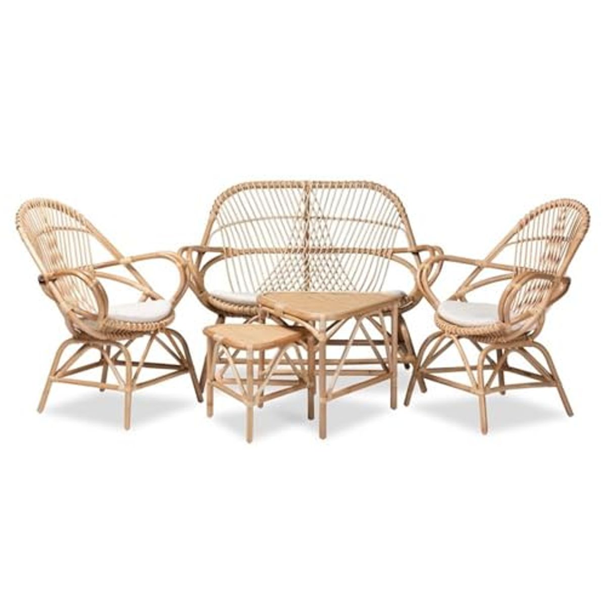 Baxton Studio Jayden Modern Bohemian White Fabric Upholstered and Natural Brown Finished Rattan 5-Piece Living Room Set