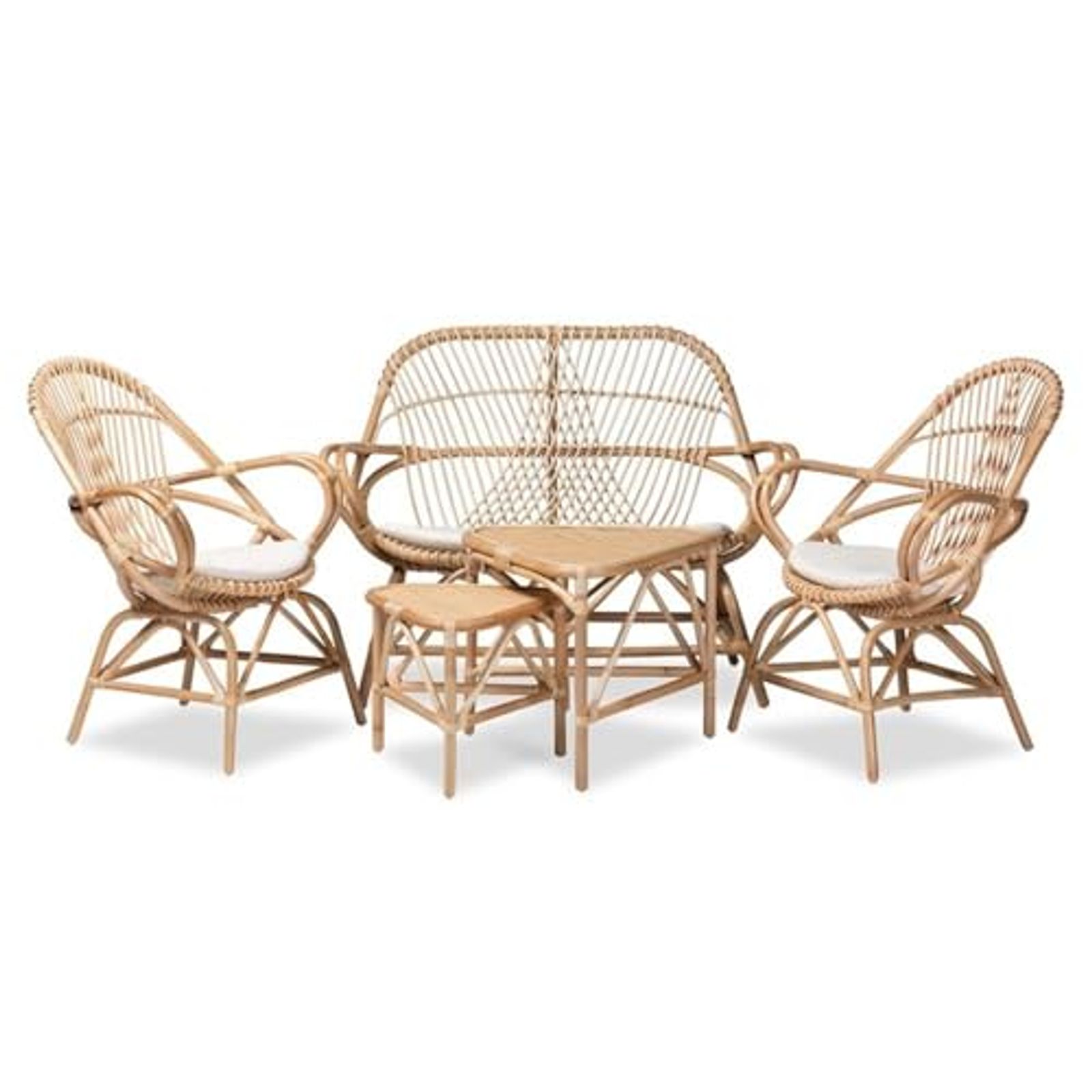 Baxton Studio Jayden Modern Bohemian White Fabric Upholstered and Natural Brown Finished Rattan 5-Piece Living Room Set