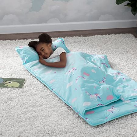Delta Children Nap Mat with Included Pillow and Blanket for Toddlers and Kids; Features Carry Handle with Strap Closure and Name Tag; Rollup Design is Ideal for Preschool and Daycare, Unicorn