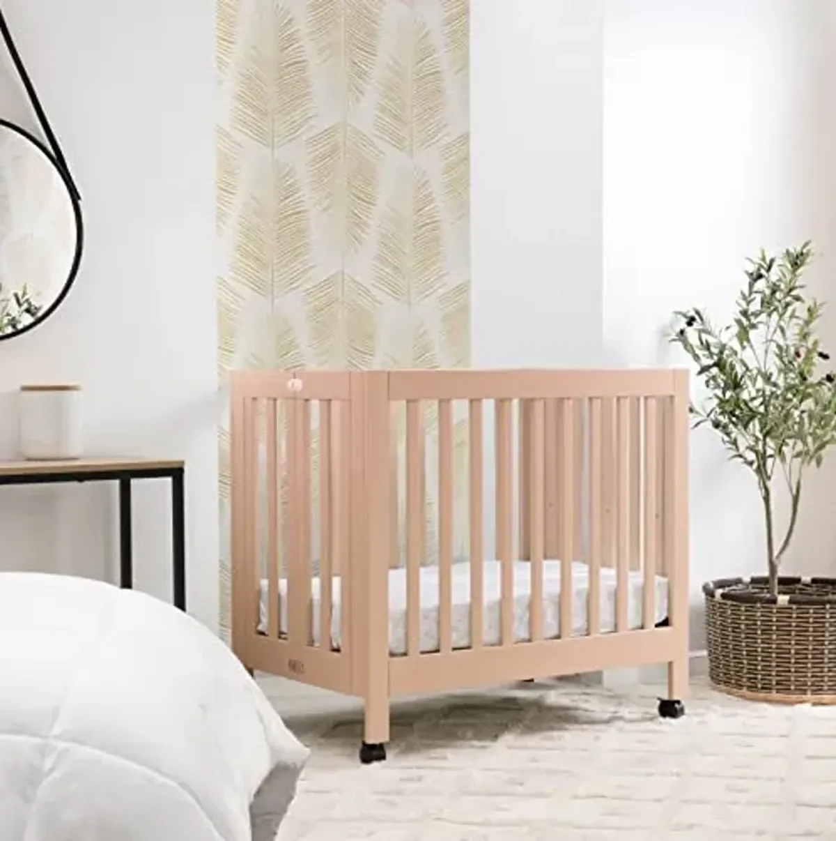 Babyletto Origami Mini Portable Folding Crib with Wheels in Canyon, 2 Adjustable Mattress Positions, Greenguard Gold Certified