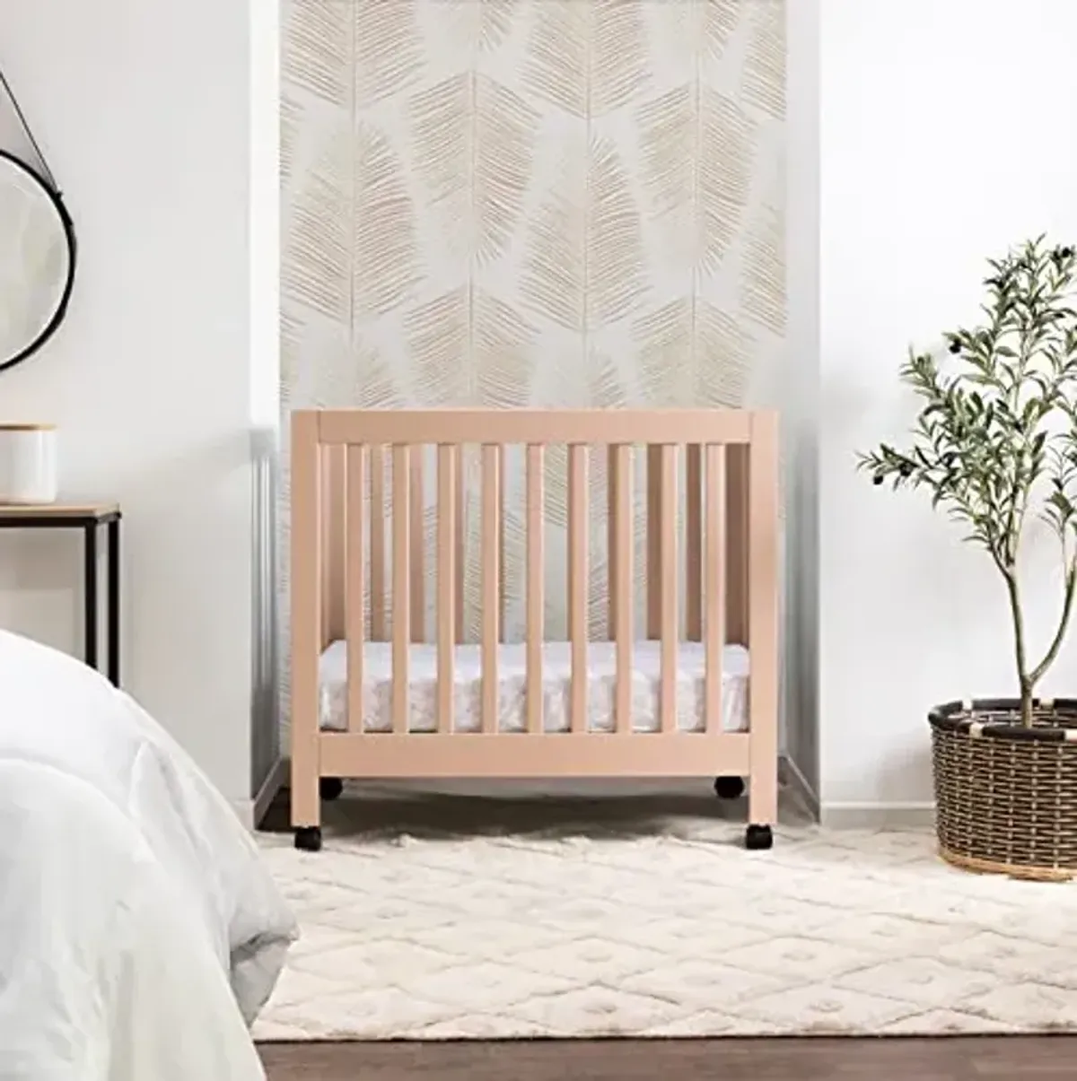Babyletto Origami Mini Portable Folding Crib with Wheels in Canyon, 2 Adjustable Mattress Positions, Greenguard Gold Certified