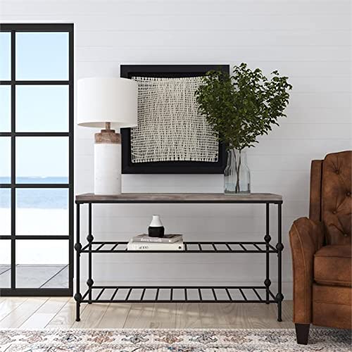 Bassett Mirror Company Emery II Console Table in Gray Wood and Black Metal