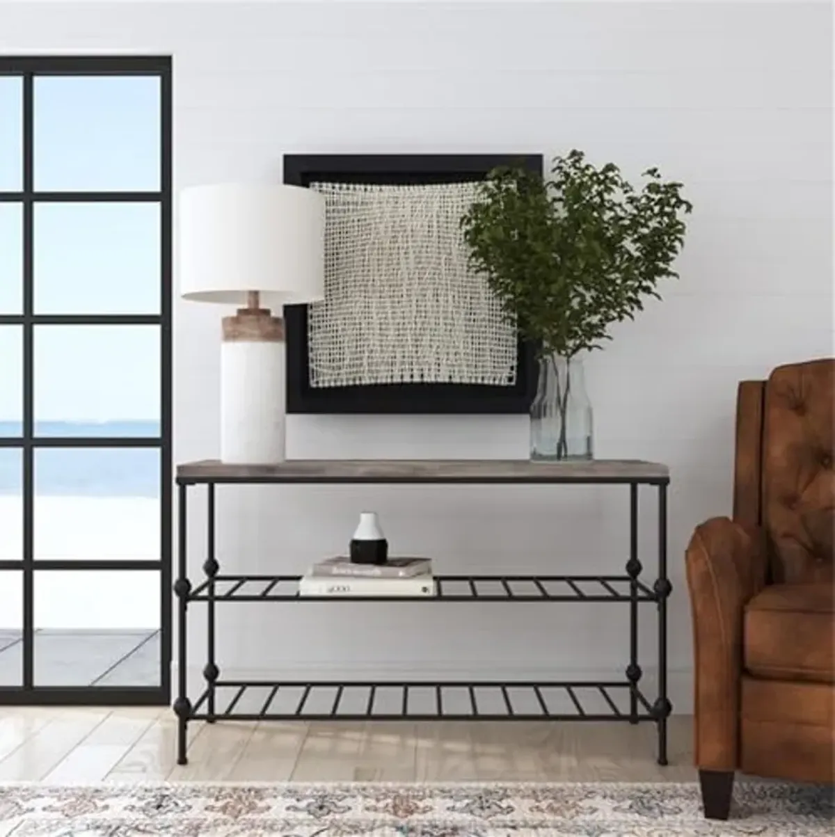 Bassett Mirror Company Emery II Console Table in Gray Wood and Black Metal