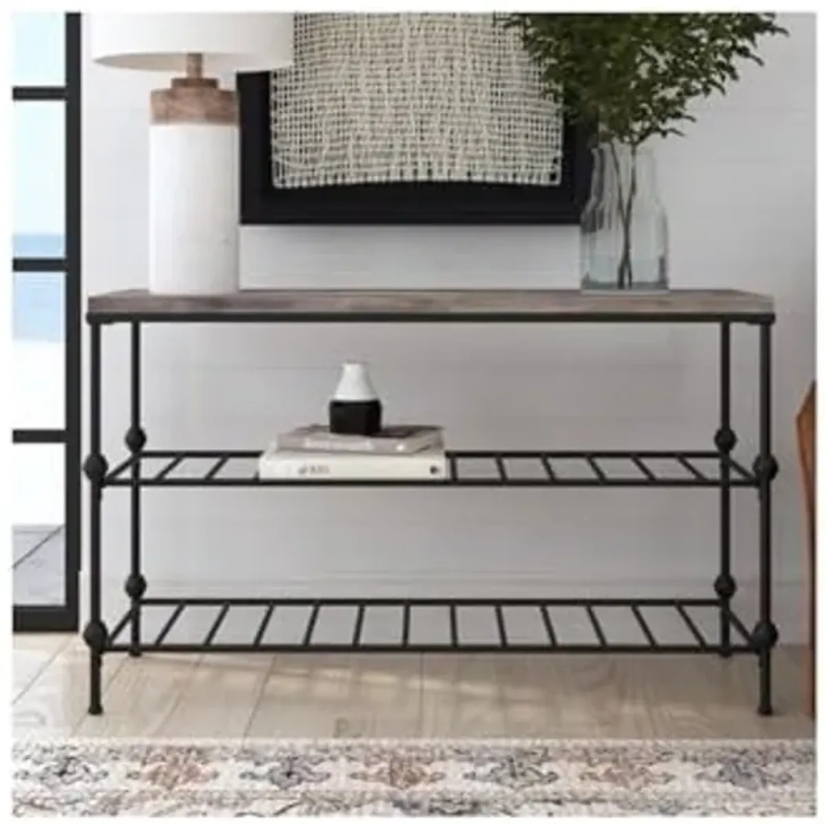 Bassett Mirror Company Emery II Console Table in Gray Wood and Black Metal