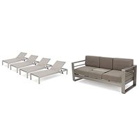 Christopher Knight Home Cape Coral Outdoor Mesh Chaise Lounges, 4-Pcs Set, Grey & Cape Coral Outdoor Loveseat Sofa with Tray, Khaki