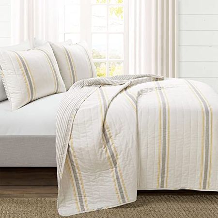 Lush Decor Farmhouse Stripe Reversible Cotton 3 Piece Quilt Set, King, Yellow & Gray
