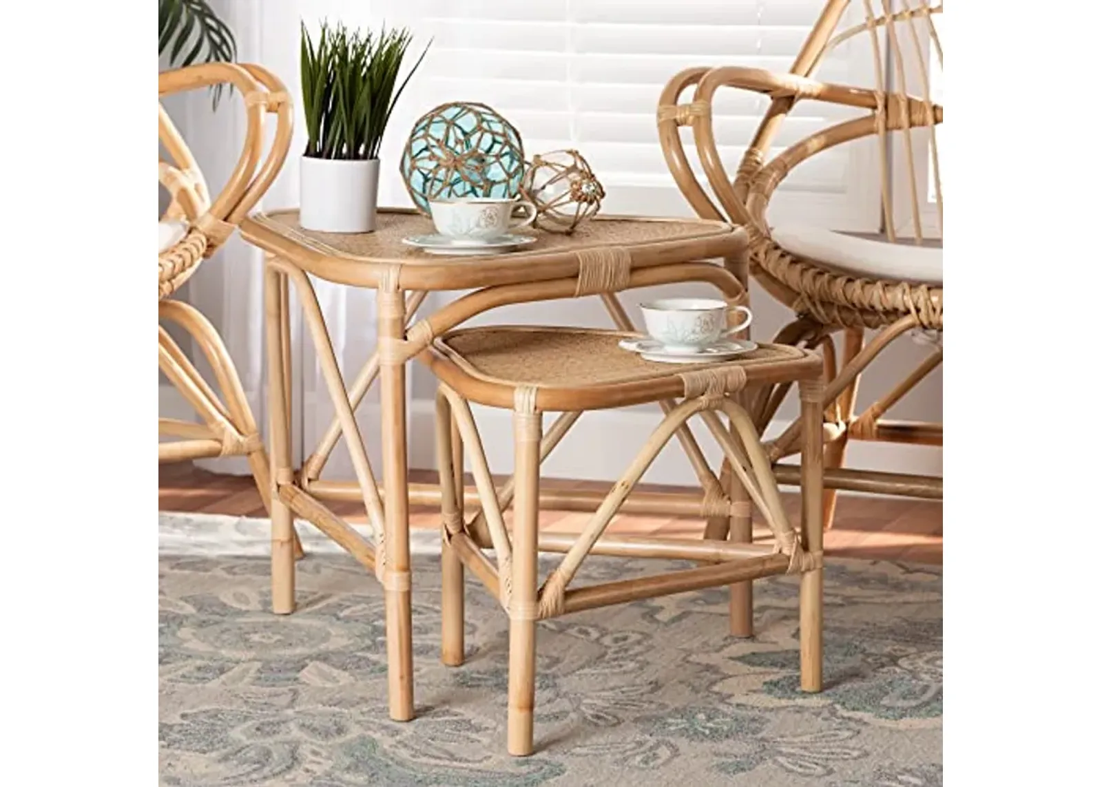 Baxton Studio Valerie Natural Rattan Nesting End Table, 2-Piece Set