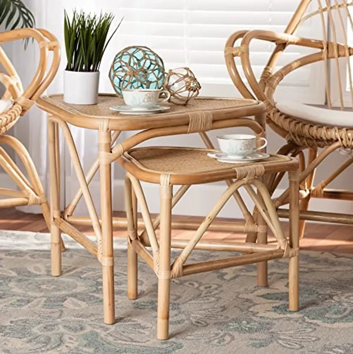 Baxton Studio Valerie Natural Rattan Nesting End Table, 2-Piece Set