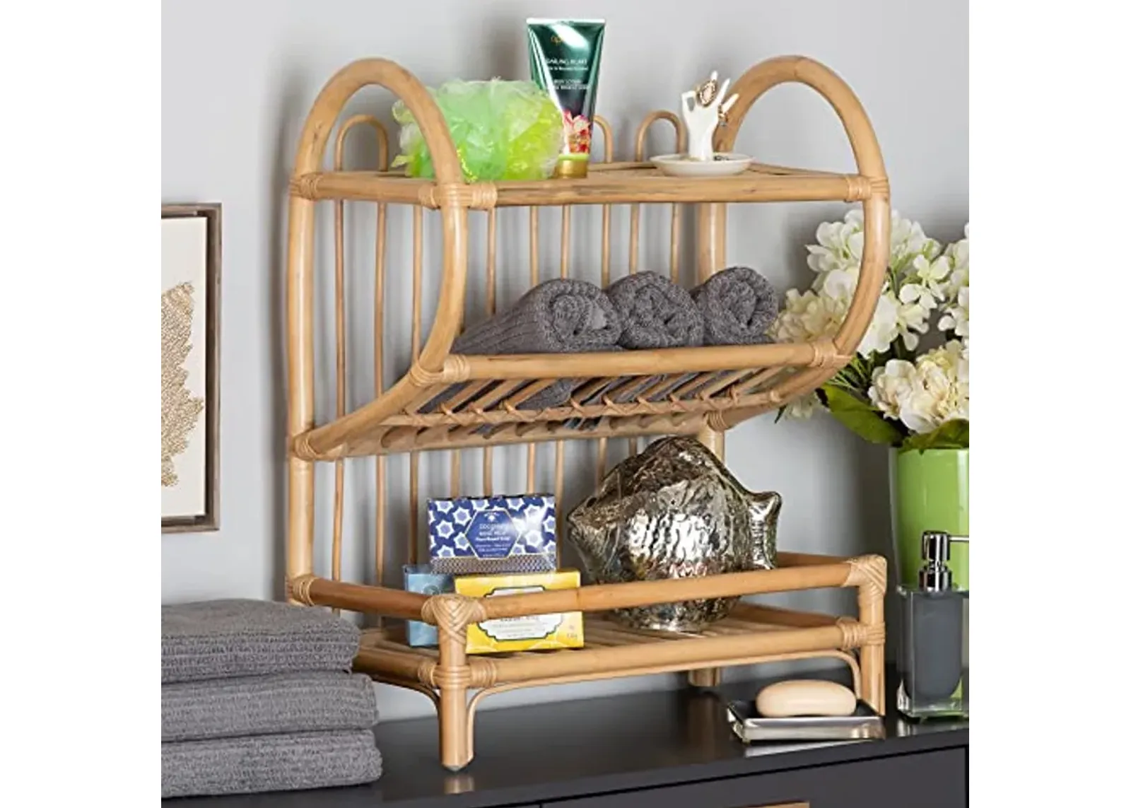 Bali & pari Liora Modern Bohemian Natural Rattan 2-Tier Display Shelf