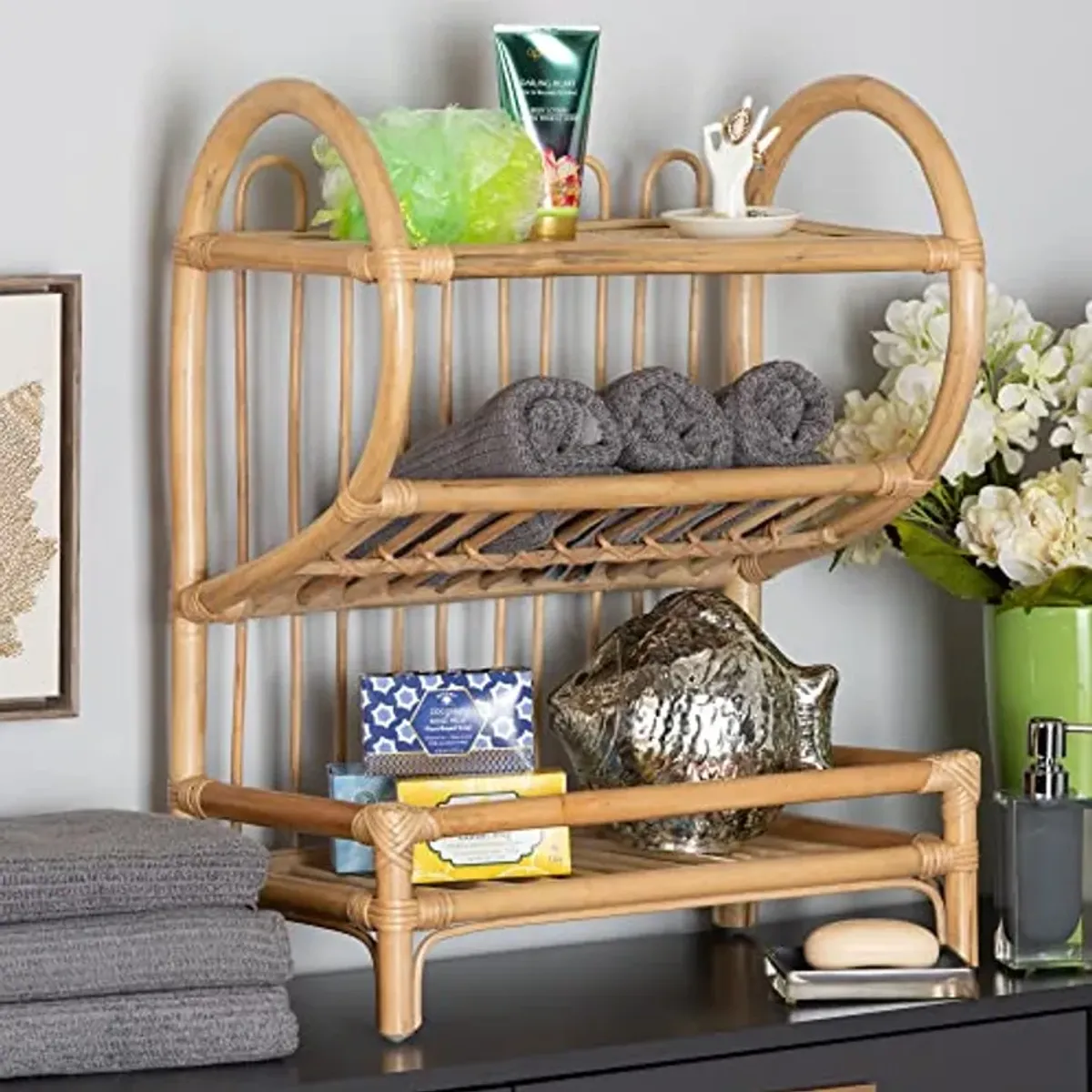 Bali & pari Liora Modern Bohemian Natural Rattan 2-Tier Display Shelf