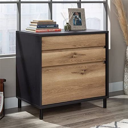 Sauder Acadia Way 3-Drawer Lateral File Cabinet with Metal Legs, Raven Oak Finish