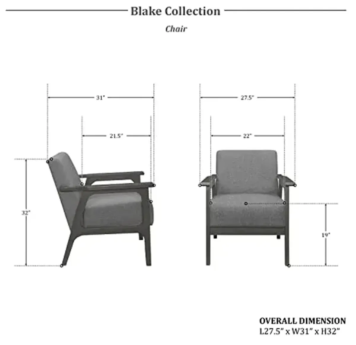 Lexicon Blake 27.5" W Fabric Wood Arm Lounge Chair, Gray