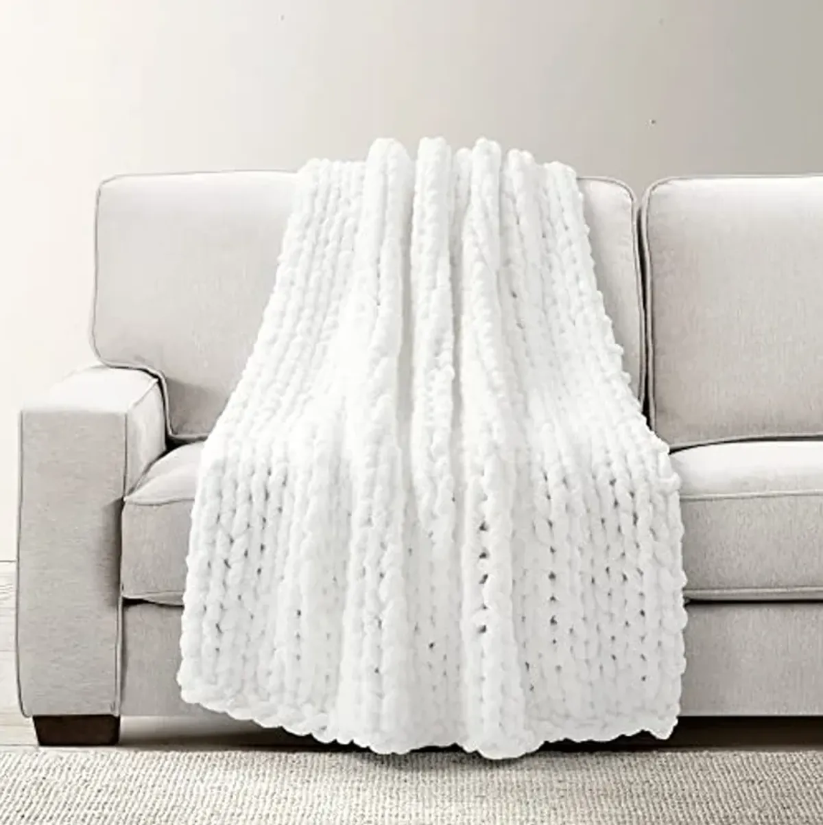 Lush Decor Hygge Ultra Soft Cozy Chenille Chunky Knit Throw Blanket, 50" x 40", White