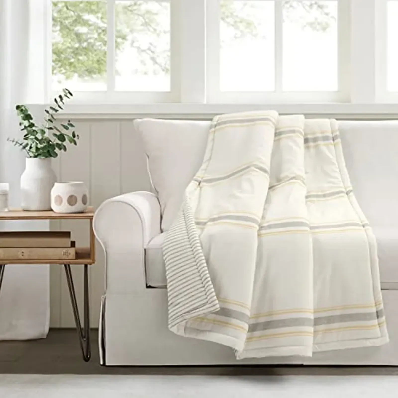 Lush Decor Farmhouse Stripe Reversible Throw, Single, 50" W x 60" L, Yellow - Classic Modern Rustic Charm - Cozy Soft Single Pinstripe Print Blanket