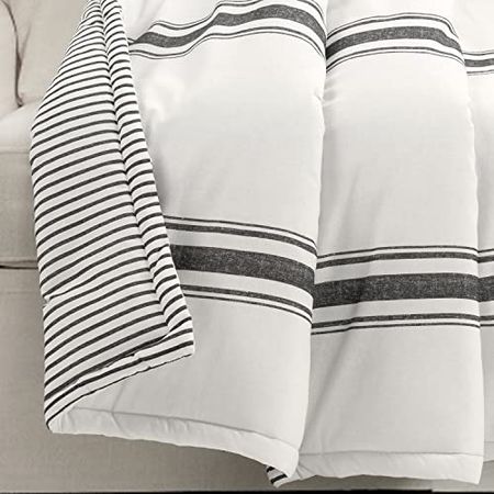 Lush Decor Farmhouse Stripe Throw Reversible Ticking Pinstripe Design Blanket, 50" x 60", Black