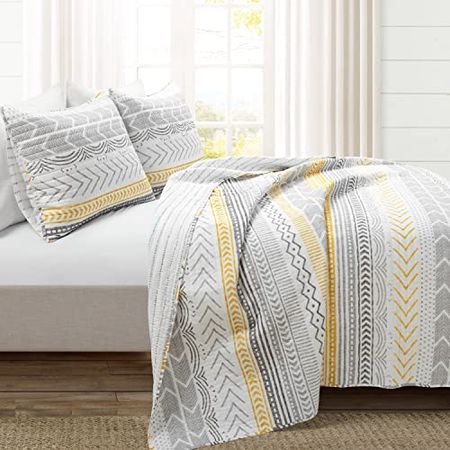 Lush Decor Hygge Geo Pattern Striped 3 Piece Quilt Bedding Set, King, Yellow