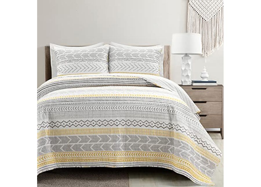 Lush Decor Hygge Geo Pattern Striped 3 Piece Quilt Bedding Set, King, Yellow