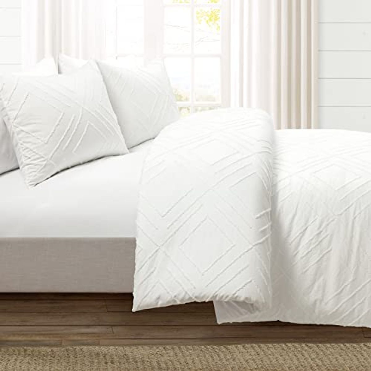 Lush Decor Diamond Clip Jacquard Duvet Cover 3 Piece Set, King, White