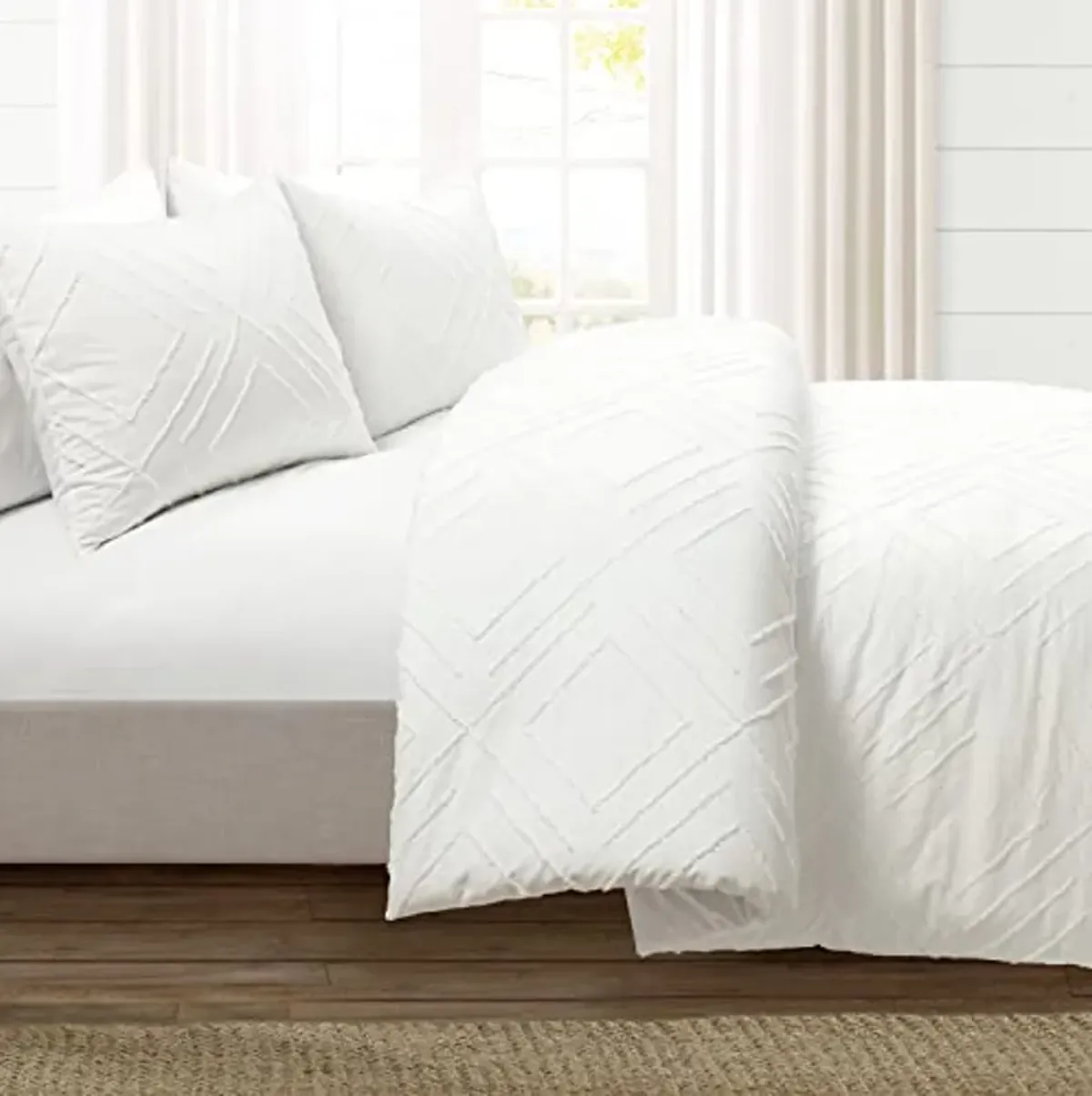 Lush Decor Diamond Clip Jacquard Duvet Cover 3 Piece Set, King, White