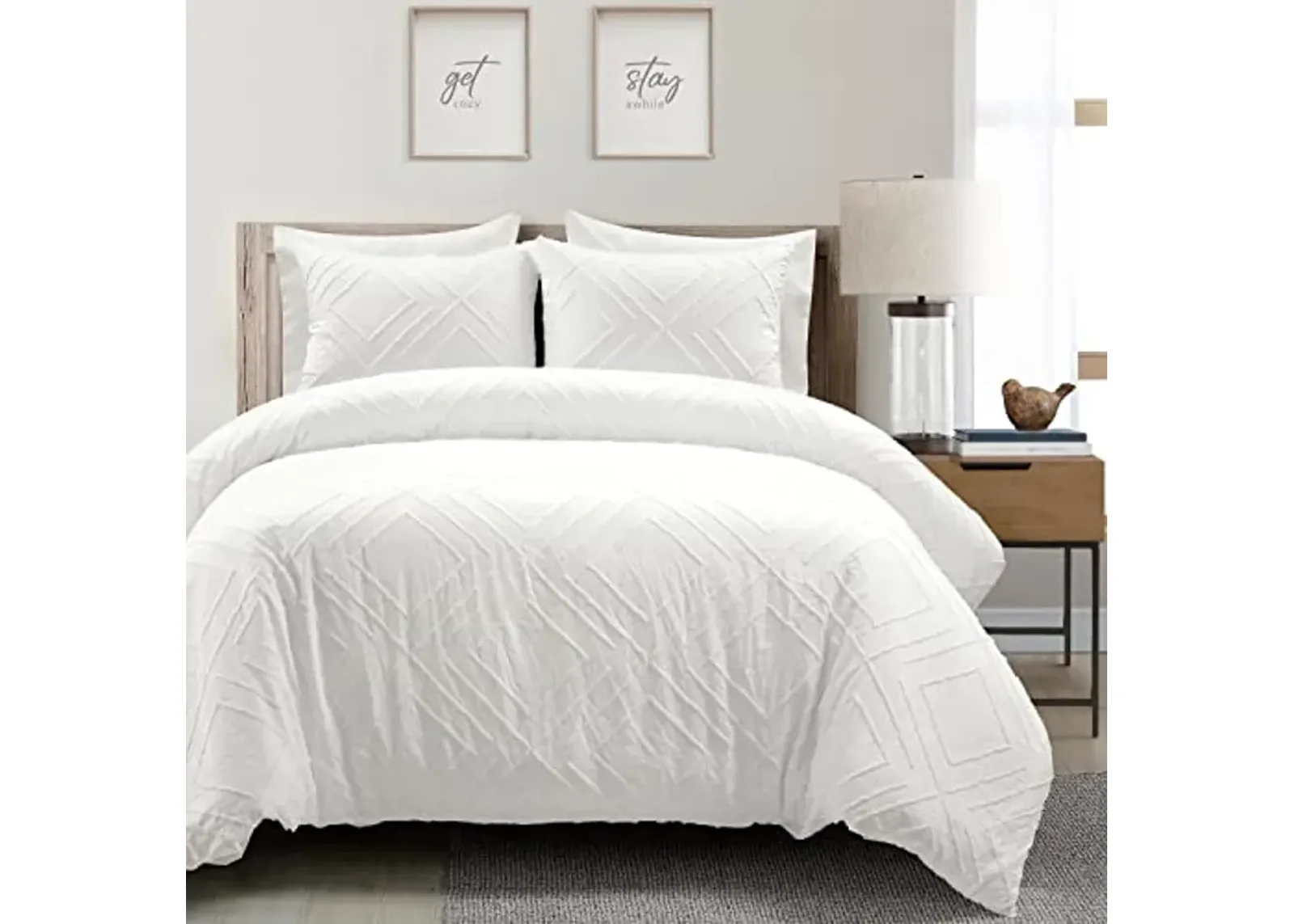 Lush Decor Diamond Clip Jacquard Duvet Cover 3 Piece Set, King, White