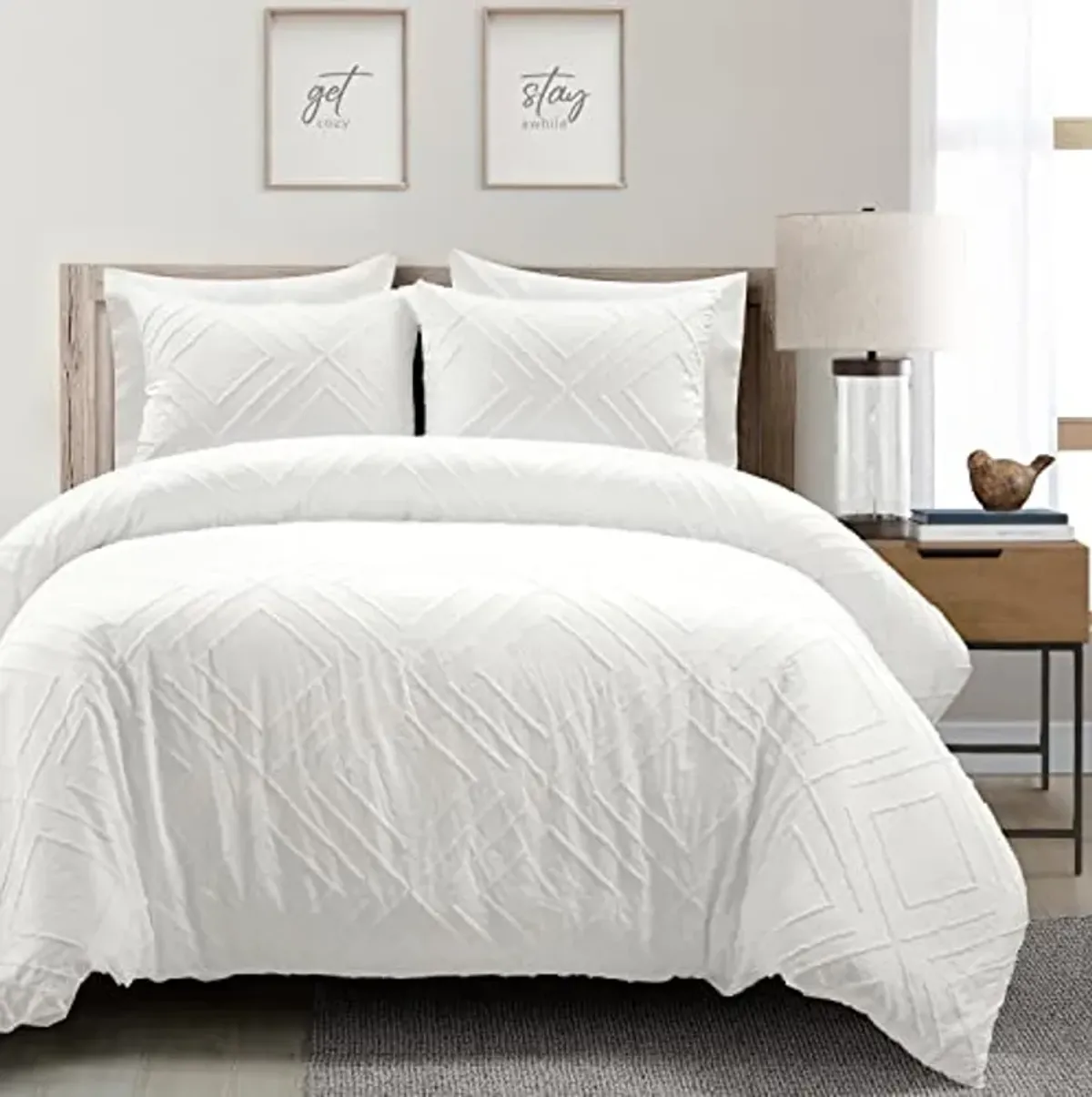 Lush Decor Diamond Clip Jacquard Duvet Cover 3 Piece Set, King, White