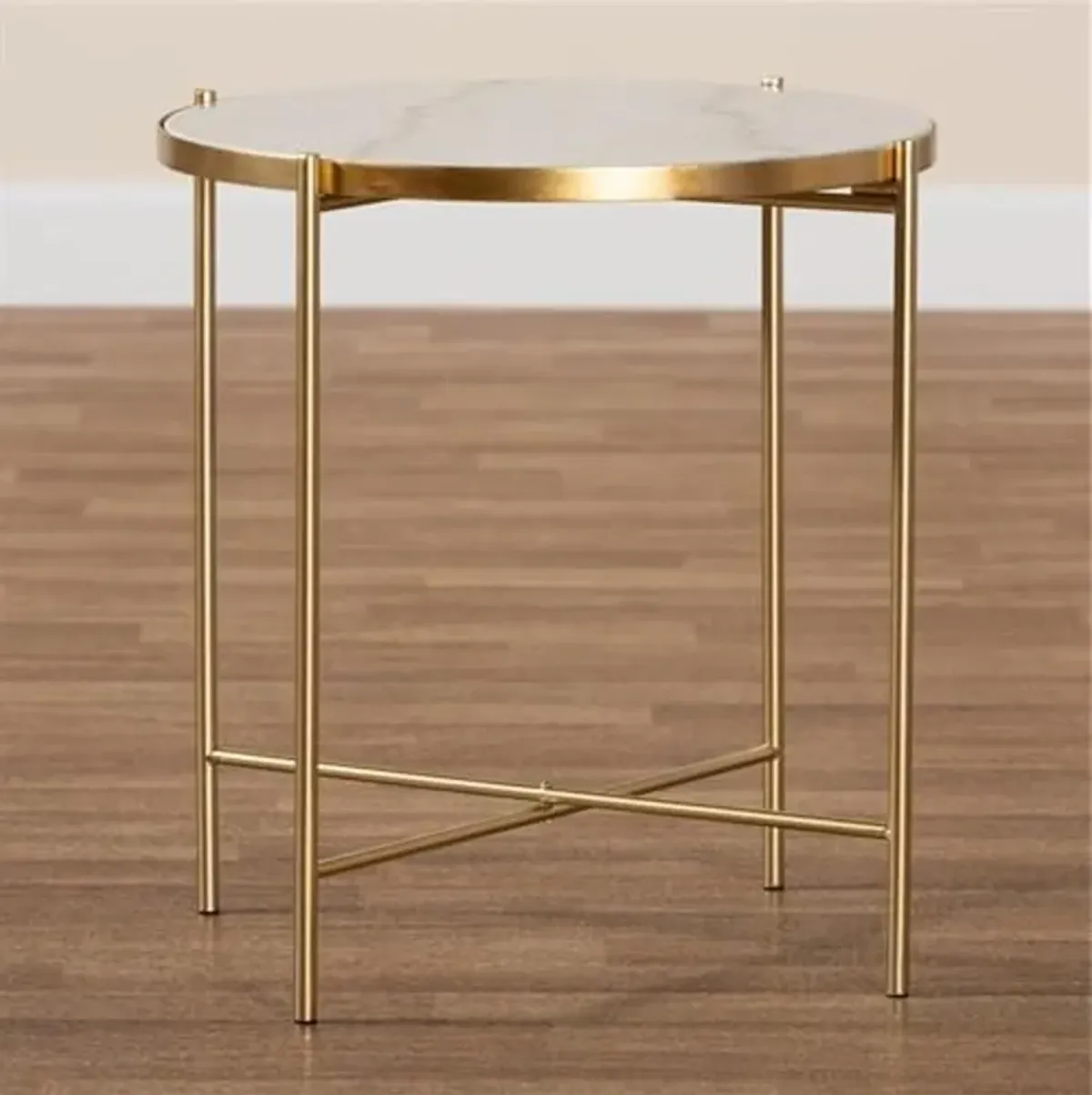 Baxton Studio Maddock Modern and Contemporary Gold Finished Metal End Table with Marble Tabletop