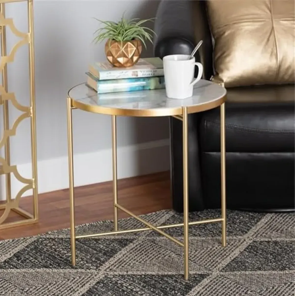 Baxton Studio Maddock Modern and Contemporary Gold Finished Metal End Table with Marble Tabletop